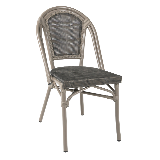 Den klassiska Parisstolen med brunlackerad aluminiumstomme och textilene i brun/svart. Stapelbar.